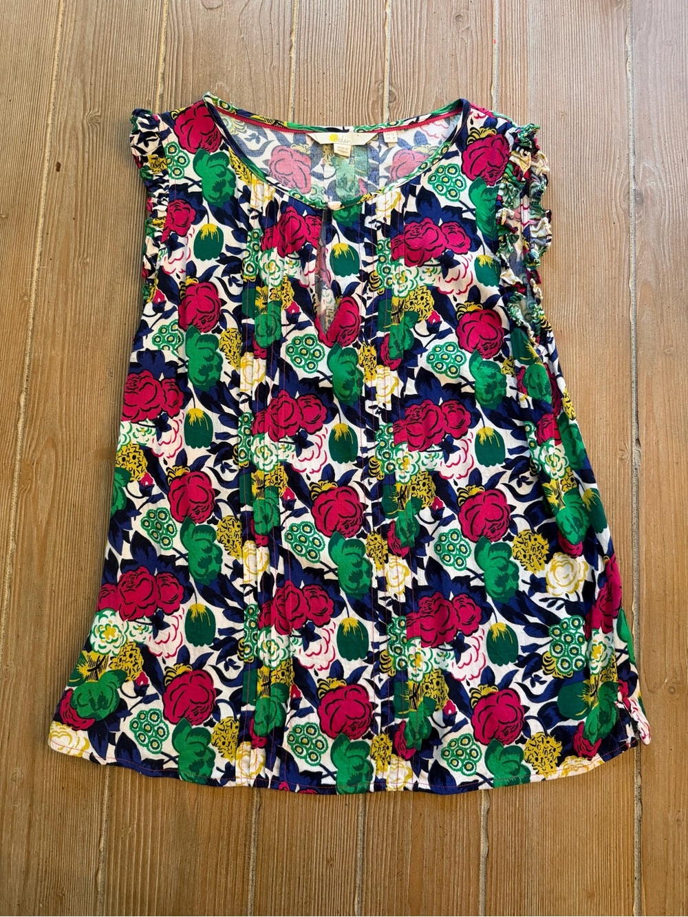 Boden Bright Floral Ruffle Sleeve Tank - Pink, Green & Yellow